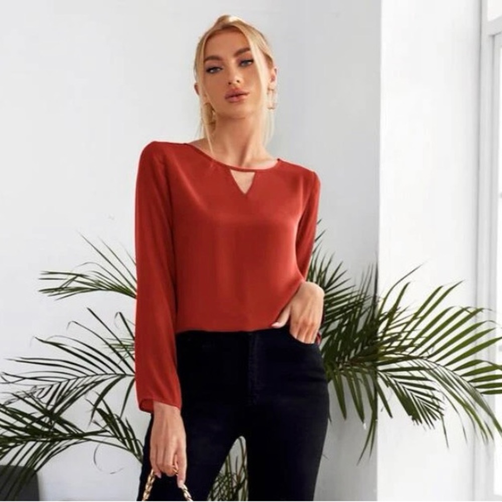 Shein rust orange brown long sleeve blouse with keyhole opening